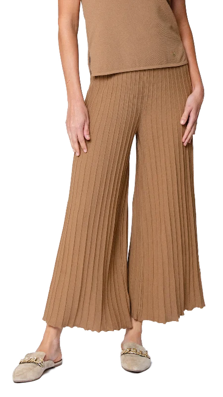 Giuliana Plisse-Look Cropped Wide Leg Pants; Mocha