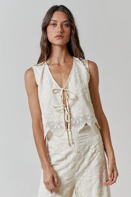 Kira Embroidered Front Tie Vest, Natural