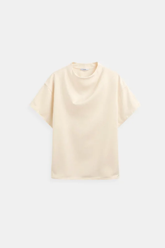 Old Money Plain Premium Solid Pleated Mock Neck Blouse