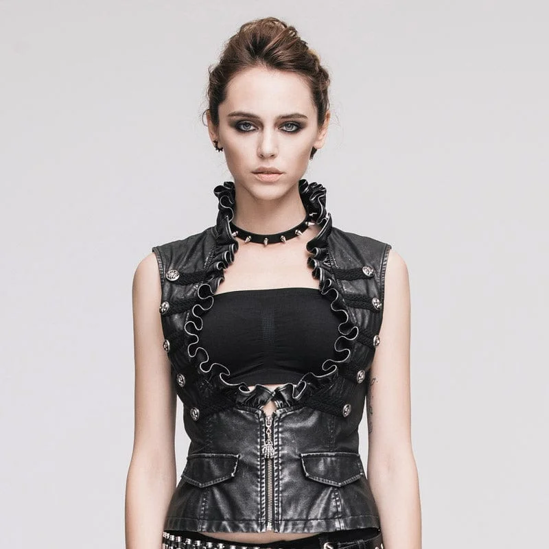 Women's Punk Faux Leather Waistcoat With Leather Frills