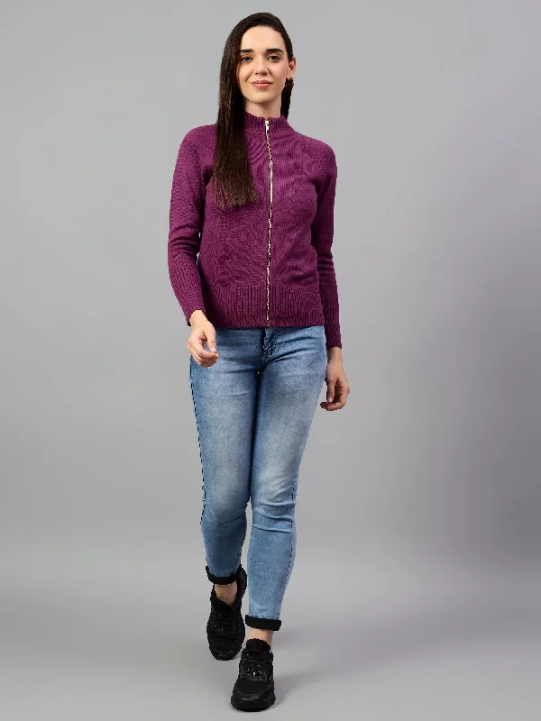 Women's Solid Purple Full Sleeve Casual Sweater