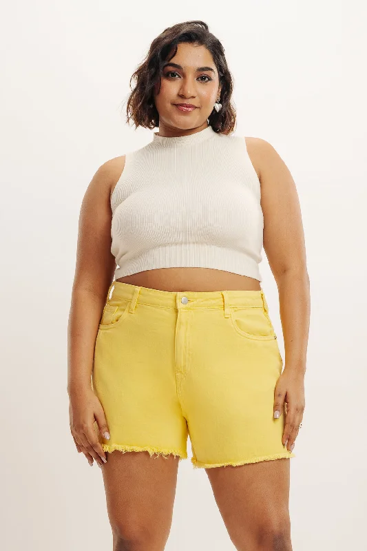 Curve Yellow Frayed Hem Denim Shorts