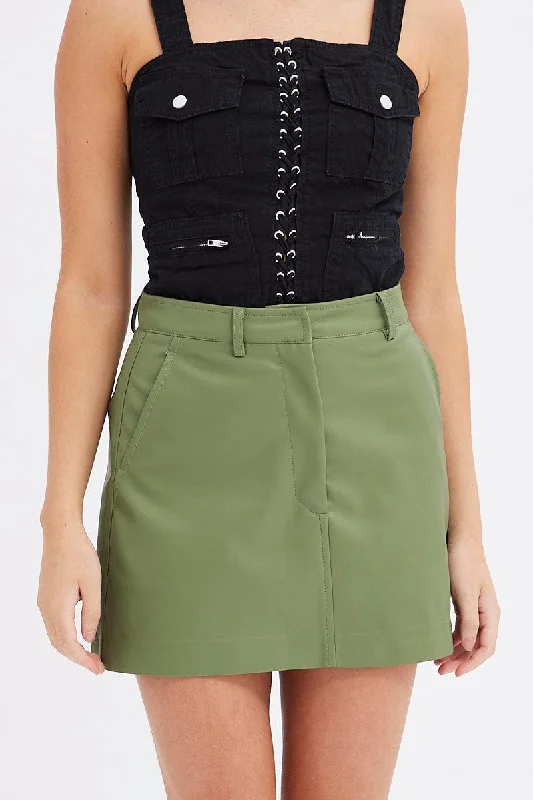 Green Mini Skirt High Rise Pocket Detail Faux Leather