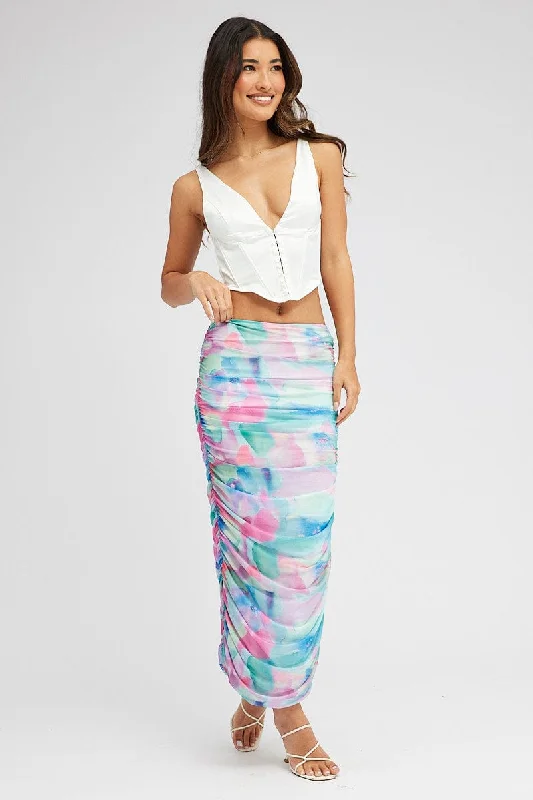 Multi Abstract Midi Skirt Side Ruched Mesh