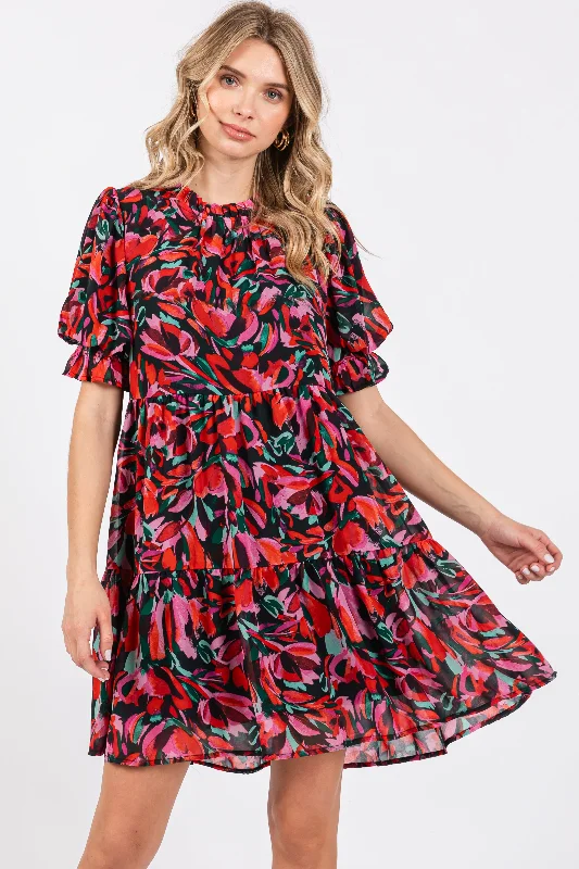 Black Abstract Floral Print Tiered Dress