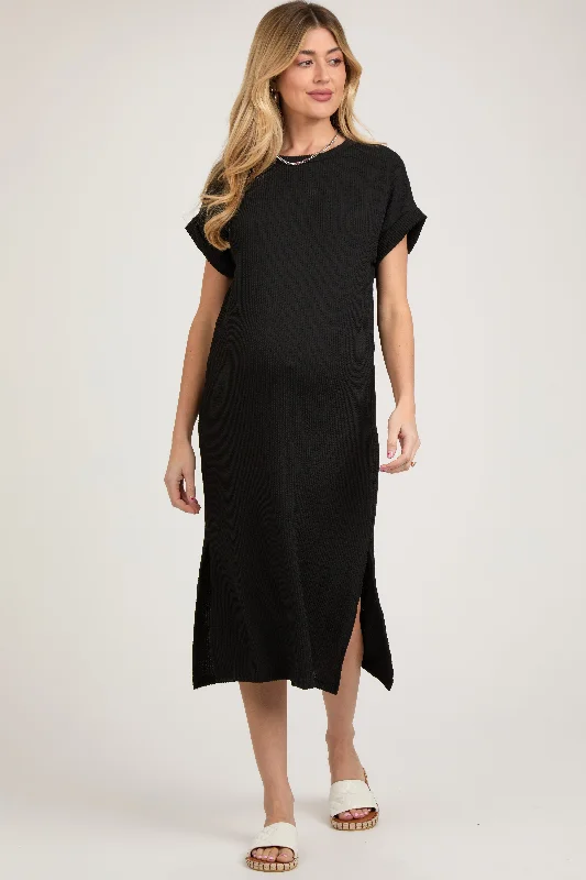 Black Ribbed Short Sleeve Maternity Midi Dress