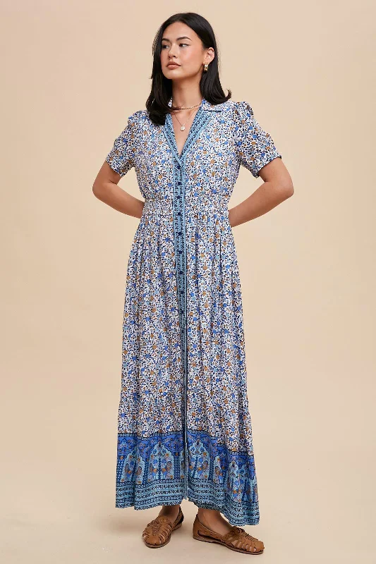 Blue Floral Button Up Midi Dress