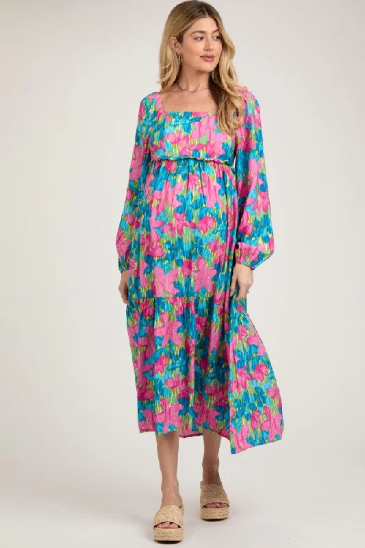 Blue Floral Long Sleeve Maternity Midi Dress