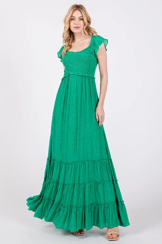 Green Smocked Crossover Off Shoulder Maxi Dress