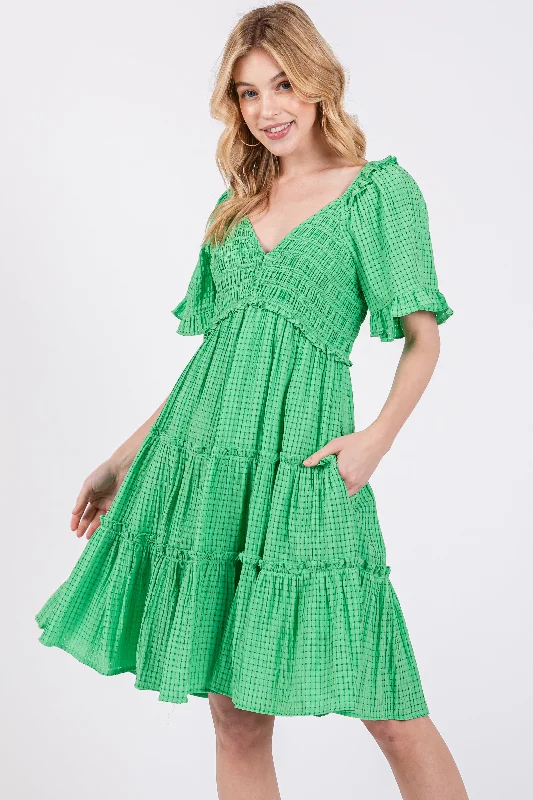 Green Smocked V-Neck Ruffle Short Sleeve Tiered Dress