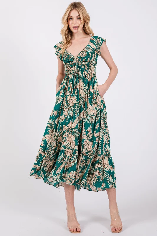 Jade Tropical Print Smocked Short Sleeve Maxi Dress