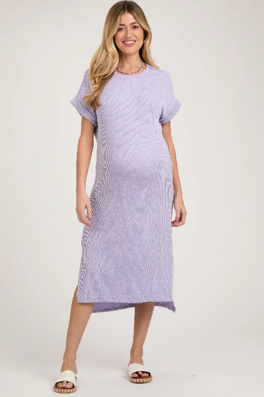 Lavender Ribbed Short Sleeve Maternity Midi Dress