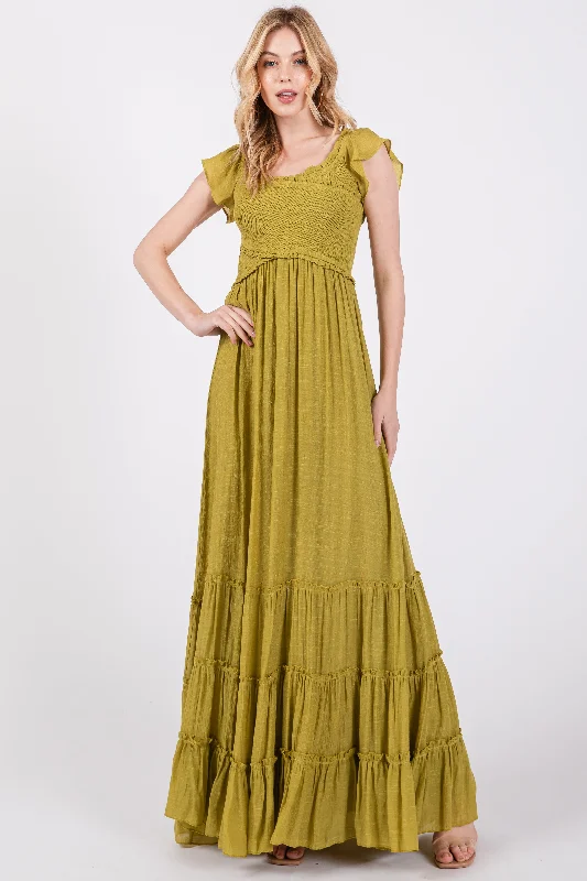 Lime Smocked Crossover Off Shoulder Maxi Dress