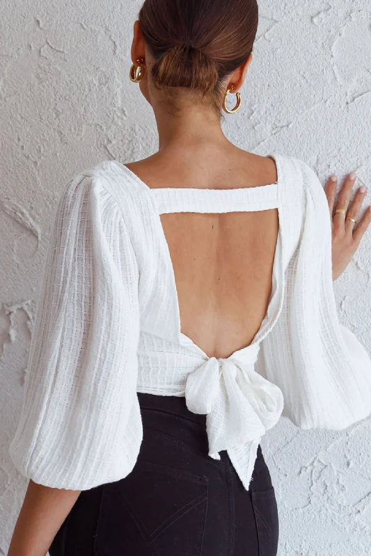 Love Like This Balloon Sleeve Open Back Crop Top Textured White