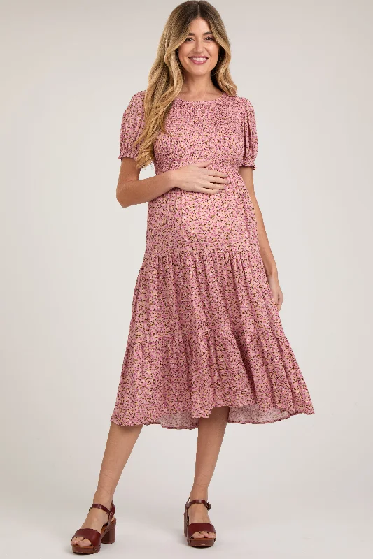 Pink Floral Smocked Maternity Midi Dress