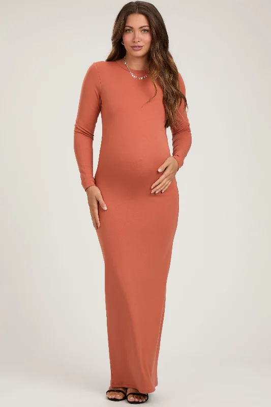 Rust Long Sleeve Fitted Maternity Maxi Dress