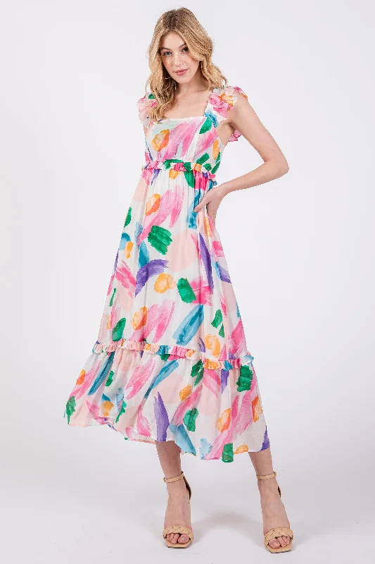 White Watercolor Print Ruffle Accent Midi Dress