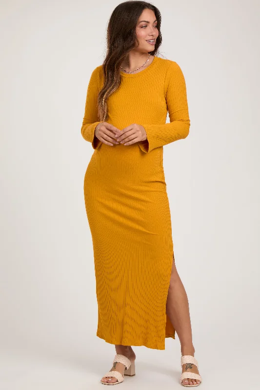 Yellow Ribbed Side Slit Maternity Maxi Dress