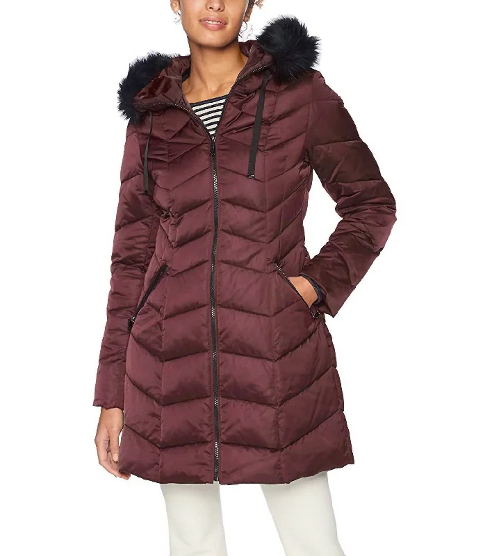 Gwen Faux Fur Hood Down Puffer Jacket Long Coat In Merlot