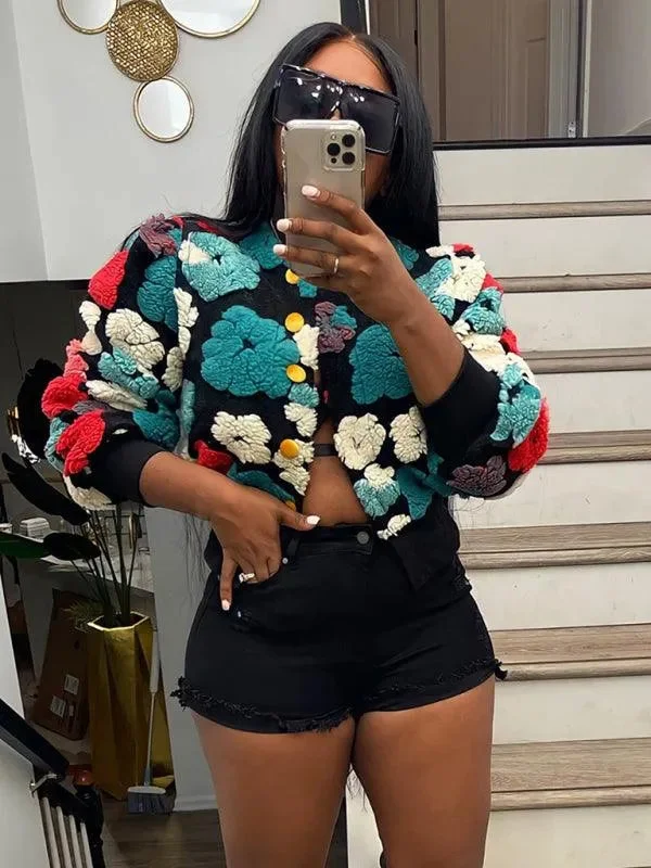 Women Embroidered Flower Short Jacket